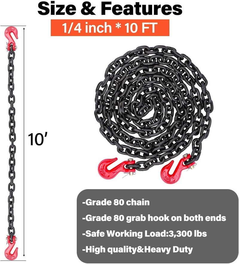 Lechansen G80 Transport Binder Chain 1/4 Inch x 10 Feet, Equipped with G80 Chain Hook, Grade 80 Tow Chains with Hook, 3,300 lbs Working Load Trailer Safety Chain for Ratchet Binder, Towing - Image 2